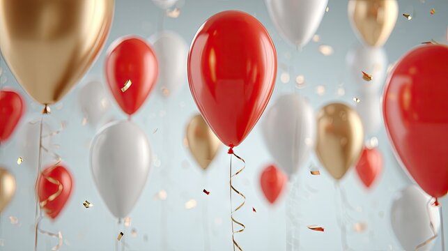 Colorful red and gold metallic balloons create a festive atmosphere with dynamic lighting and striking details in a studio setting