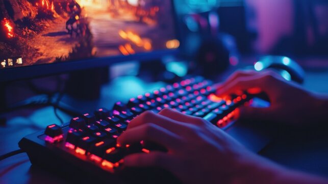 Gaming action intense keyboard gameplay in a dimly lit room with colorful led lights