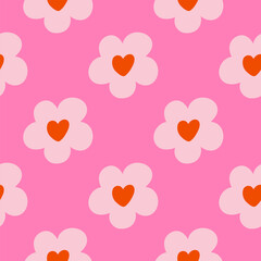 Seamless retro floral pattern with bold orange daisy-like flowers on a vibrant wavy pink background. Groovy and playful 70s-style vector design, perfect for textile, wallpaper, packaging, and digital 