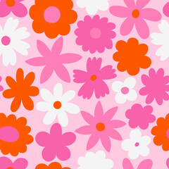Seamless retro floral pattern with bold orange daisy-like flowers on a vibrant wavy pink background. Groovy and playful 70s-style vector design, perfect for textile, wallpaper, packaging, and digital 