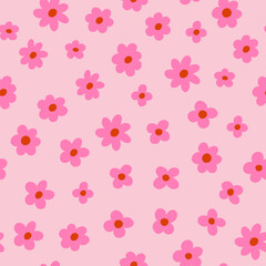 Seamless retro floral pattern with bold orange daisy-like flowers on a vibrant wavy pink background. Groovy and playful 70s-style vector design, perfect for textile, wallpaper, packaging, and digital 