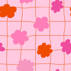 Seamless retro floral pattern with bold orange daisy-like flowers on a vibrant wavy pink background. Groovy and playful 70s-style vector design, perfect for textile, wallpaper, packaging, and digital 