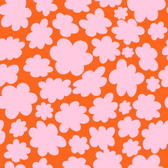 Seamless retro floral pattern with bold orange daisy-like flowers on a vibrant wavy pink background. Groovy and playful 70s-style vector design, perfect for textile, wallpaper, packaging, and digital 