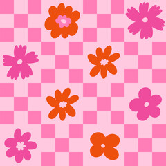 Seamless retro floral pattern with bold orange daisy-like flowers on a vibrant wavy pink background. Groovy and playful 70s-style vector design, perfect for textile, wallpaper, packaging, and digital 