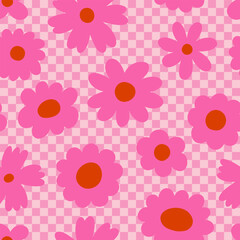 Seamless vector floral pattern. Retro 60s-70s style with a cute and joyful feel. Bright, fun, and feminine design perfect for textiles, packaging, wallpapers, kids’ products, and digital backgrounds