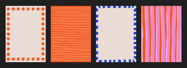 A trendy collection of vector frames and backgrounds with hand-drawn borders, abstract wavy lines retro-inspired patterns. Frames in playful colors. For invitations, posters, social media templates