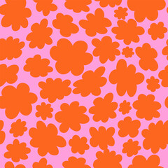Seamless retro floral pattern with bold orange daisy-like flowers on a vibrant wavy pink background. Groovy and playful 70s-style vector design, perfect for textile, wallpaper, packaging, and digital 