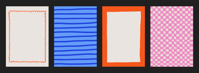 A trendy collection of vector frames and backgrounds with hand-drawn borders, abstract wavy lines retro-inspired patterns. Frames in playful colors. For invitations, posters, social media templates