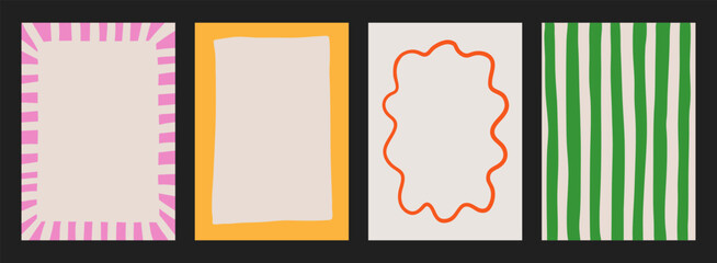 A trendy collection of vector frames and backgrounds with hand-drawn borders, abstract wavy lines retro-inspired patterns. Frames in playful colors. For invitations, posters, social media templates