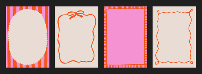 A trendy collection of vector frames and backgrounds with hand-drawn borders, abstract wavy lines retro-inspired patterns. Frames in playful colors. For invitations, posters, social media templates