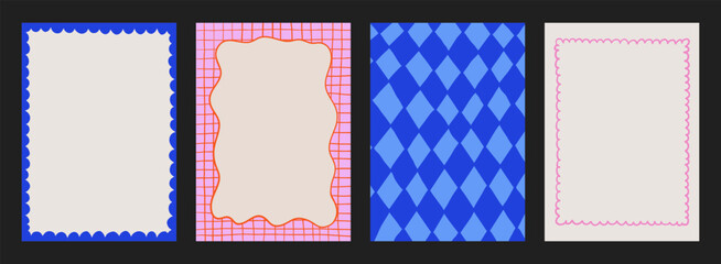A trendy collection of vector frames and backgrounds with hand-drawn borders, abstract wavy lines retro-inspired patterns. Frames in playful colors. For invitations, posters, social media templates