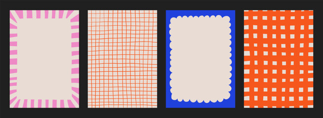 A trendy collection of vector frames and backgrounds with hand-drawn borders, abstract wavy lines retro-inspired patterns. Frames in playful colors. For invitations, posters, social media templates