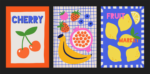 Bold and playful set of vector fruit posters with hand-drawn illustrations and vibrant retro colors. For kitchen prints, branding, food packaging, café menus, kids’ decor, posters