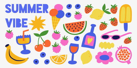 Vibrant summer collection of hand-drawn vector fruit icons. Bold retro flat style with playful colors. For stickers, packaging, digital scrapbooking, summer posters, children’s products, swimwear
