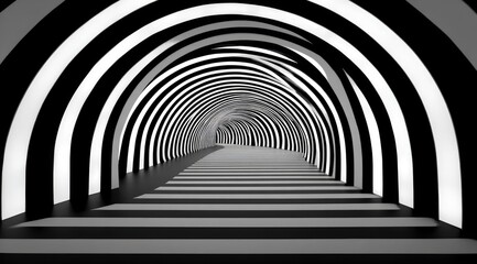 Abstract 3D black - and - white line space tunnel with optical illusion, perspective distortion and high - contrast lighting for advertising and art show backgrounds.