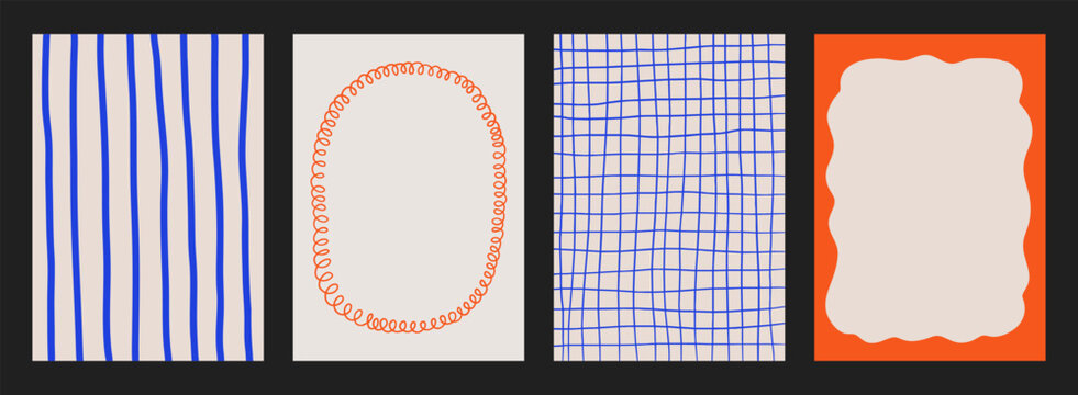 A trendy collection of vector frames and backgrounds with hand-drawn borders, abstract wavy lines retro-inspired patterns. Frames in playful colors. For invitations, posters, social media templates