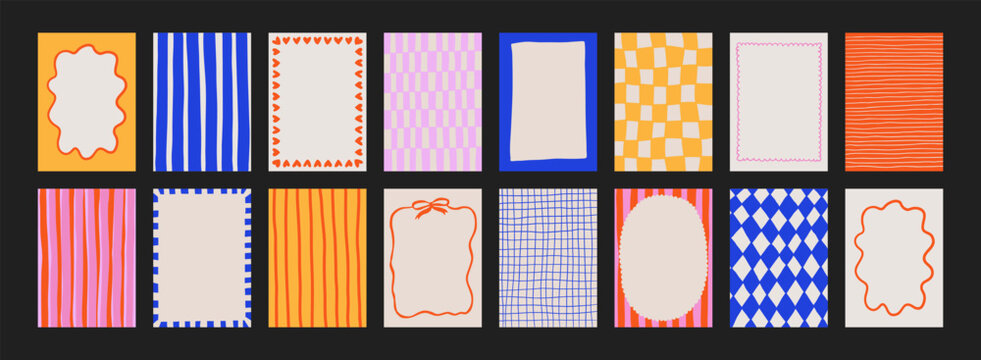 A trendy collection of vector frames and backgrounds with hand-drawn borders, abstract wavy lines retro-inspired patterns. Frames in playful colors. For invitations, posters, social media templates
