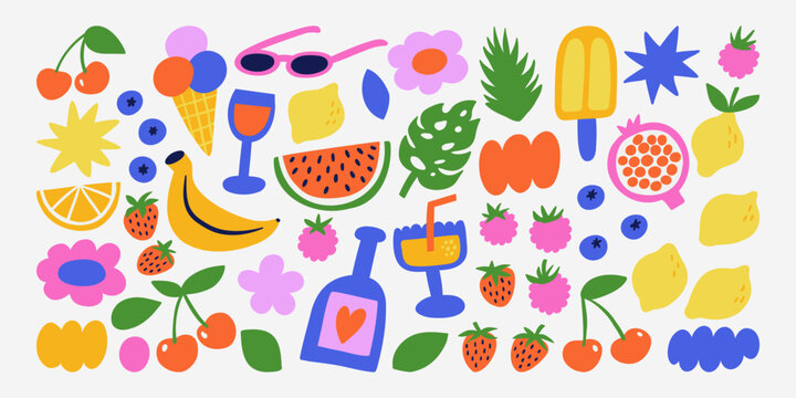Vibrant summer collection of hand-drawn vector fruit icons. Bold retro flat style with playful colors. For stickers, packaging, digital scrapbooking, summer posters, children’s products, swimwear