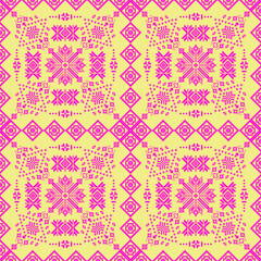 Colorful traditional Lao textile pattern in pixel art style. Vibrant pink on yellow background, perfect for digital fabric, backgrounds, or decorative design.