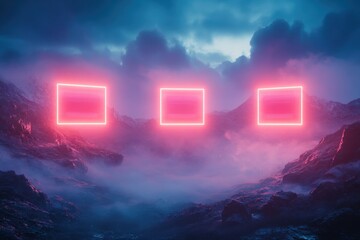 Naklejka premium Three neon pink squares floating above a misty mountain landscape with a cloudy blue sky above them