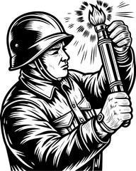 SVG of an undead navy skull blending nautical and eerie undead themes. Soldier Holding Torch Igniting Fire in Vintage Black and White Style