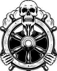 SVG of an undead navy skull blending nautical and eerie undead themes. Skull Captain Holding Steering Wheel of Ship in Monochrome Design