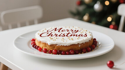 Festive christmas cake adorned with cranberries in a cozy holiday setting