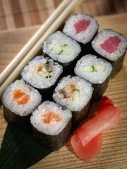 A plate of sushi with a variety of different types of sushi rolls