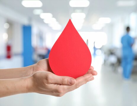 Hands holding red blood drop