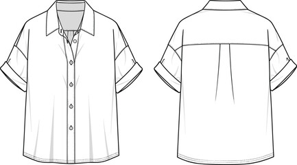 Short sleeve shirt flat sketch, fashion CAD drawing with cuffed sleeves, button front, back pleat, vector apparel illustration design