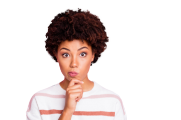 Photo of amazed misunderstanding cute funny black woman touching her chin lost deeply in thoughts wearing white striped sweated isolated over pink pastel color background