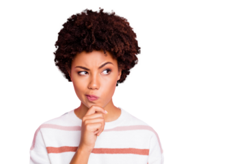 Closeup photo of pretty dark skin lady thinking about important business startup decision touch chin wear white striped pullover isolated pink color background