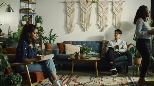 A cozy living room with a smiling woman sketching, filled with plants.