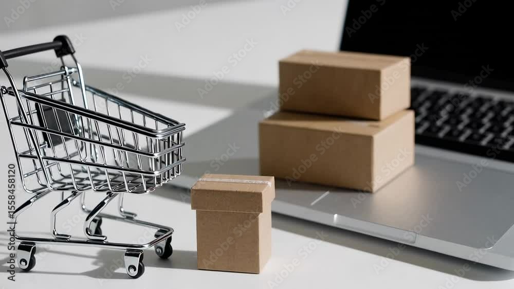 Poster miniature shopping cart with cardboard package and laptop representing digital commerce ecosystem, s