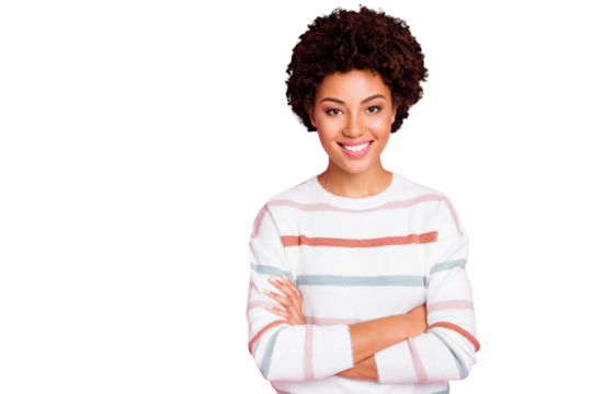 Life is good! Photo of amazing dark skin business lady working at freelance job standing with crossed arms wear striped pullover isolated pink color background