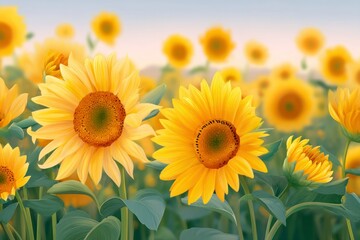 Obraz premium A field of sunflowers with yellow petals and brown centers under a light sky