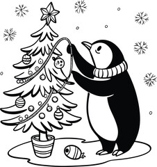 Cute cartoon penguin illustrations for Christmas feature the festive bird with a snowman, Santa Claus, and a holiday tree