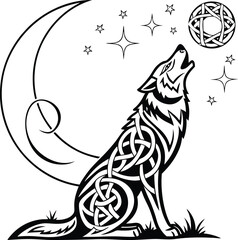 Wolf and cat moon tattoo vector illustration with tribal animal heads and wild nature symbols