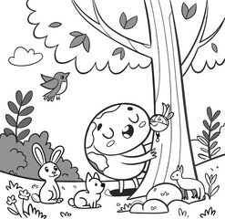 Funny cartoon birds in a tree, a perfect forest animal coloring book illustration
