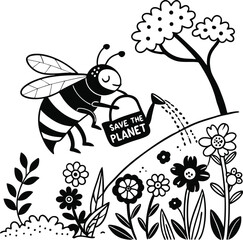 Happy cartoon bumblebee flying around sweet yellow flowers, a funny insect illustration