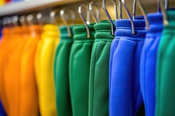 Colorful sweatpants hanging in a row, showcasing vibrant shades of orange, yellow, green, and blue.