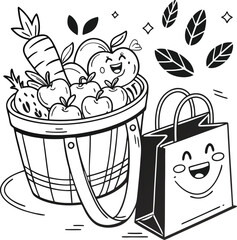 Bucket of apples cartoon vector icon set with food and drink