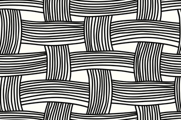 Seamless checkered pattern. Intertwined freehand lines, black linear drawing on white background. Graphic print, simple repeating surface design. Vector illustration in two colors.