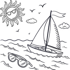 A vibrant vector illustration of a sailing ship on a summer sea, ideal for travel and nautical designs