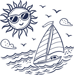 Vector illustration of a sailing boat on the summer sea, with waves, sun, and sky