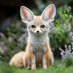 Fototapeta premium A fluffy baby fennec fox with gorgeous ears sits among greenery and wonderful flowers.