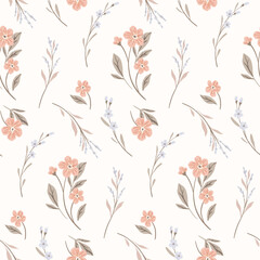 Seamless floral pattern, liberty ditsy print in delicate pastel colors. Romantic botanical design of small hand drawn flowers, tiny twigs, leaves in abstract composition on white. Vector illustration.