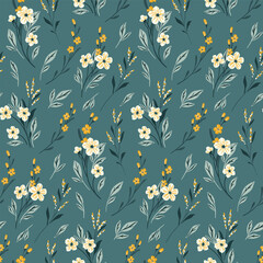Seamless floral pattern, liberty ditsy print of pretty mini plants on blue field. Botanical design of small hand drawn flowers, tiny leaves, simple wildflower in winter colors. Vector illustration.