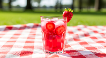 Refreshing strawberry beverage awaits on a checkered picnic blanket outdoors in sunlight surrounded by lush greenery.