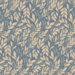 Seamless floral pattern, abstract nature textile print in vintage style. Elegant old-fashioned botanical design of small hand drawn leaves, tiny wildflowers, plant silhouettes. Vector illustration.